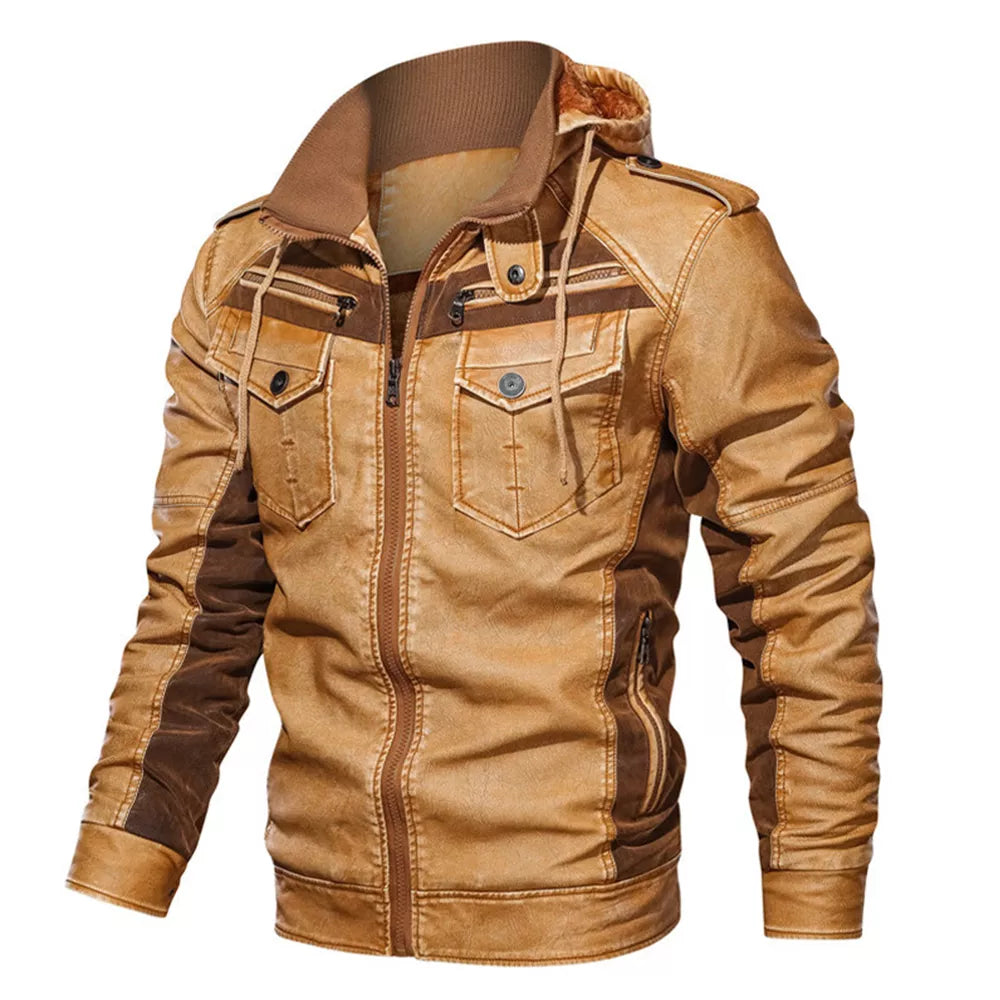 Men's Hooded PU Leather Jacket with Fleece Lining