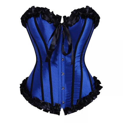 Laceing Overbust Corset Top with Black Ruffled Trim and Steel Boning