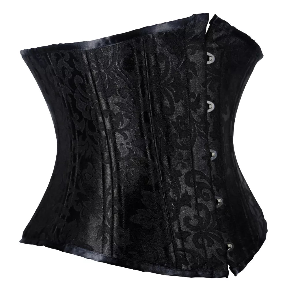 Black Brocade Underbust Corset with Steel Boning and Lace-Up Back