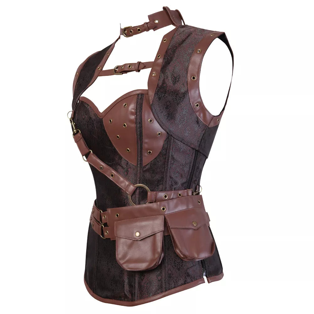 Gothic Corset Overbust Corset with Leather Harness and Pouch