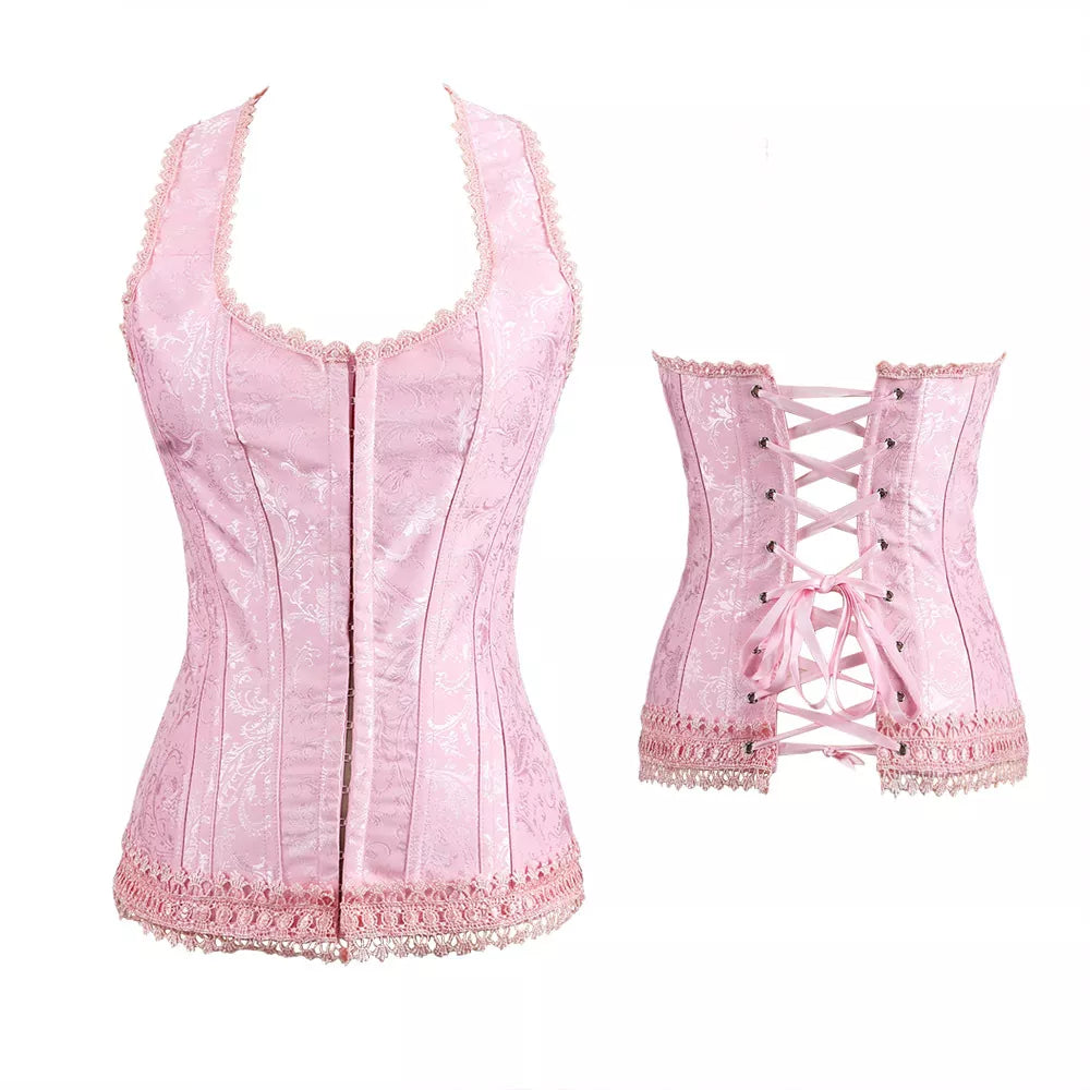 Lace Pink Corset with Halter Straps and Lace-Up Back