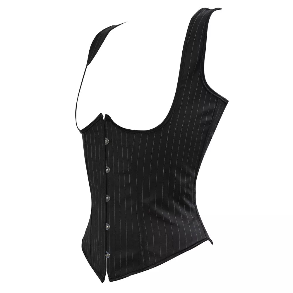 Black Pinstripe Underbust Corset with Shoulder Straps and Lace-Up Back