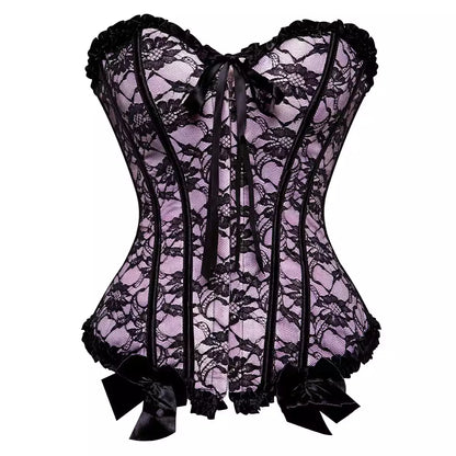 Gothic Lace-Up Overbust Corset with Satin Ribbon and Steel Boning