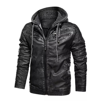 Men’s Stand Collar Warm PU Faux Leather Zip-Up Motorcycle Jacket