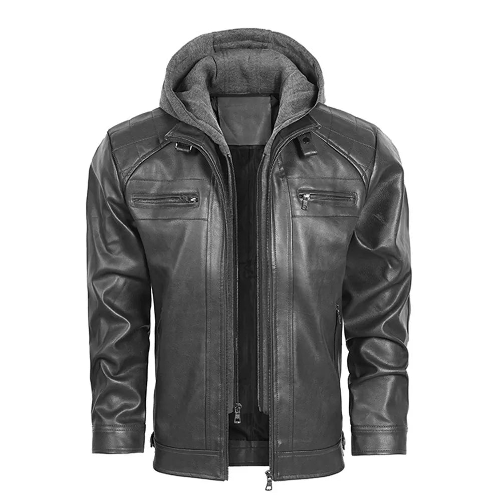 Men’s PU Faux Leather Motorcycle Jacket With a Removable Hood