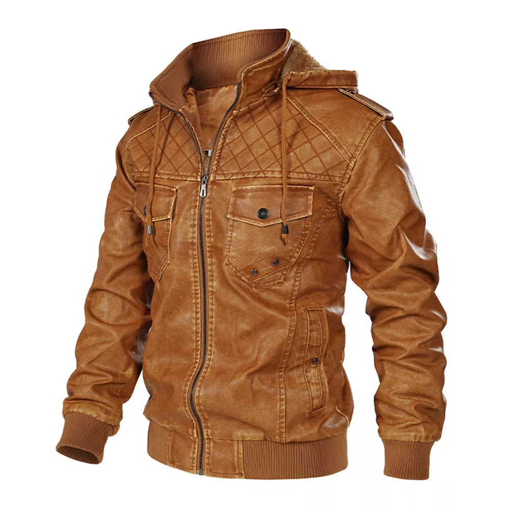 Men's Sleek Stand Collar PU Leather Bomber Jacket with Detachable Hood