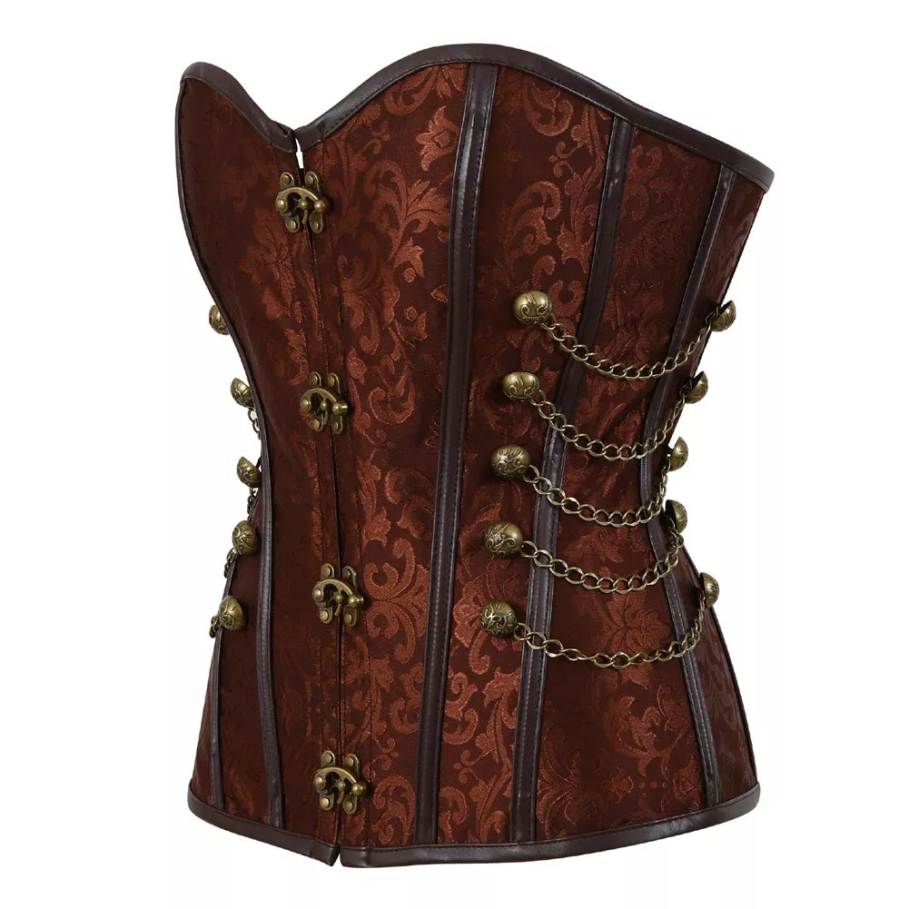 Gothic Jacquard Overbust Corset with Antique Brass Chains and Clasps