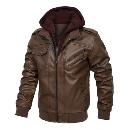 Men's PU Leather Bomber Jacket with Detachable Hood