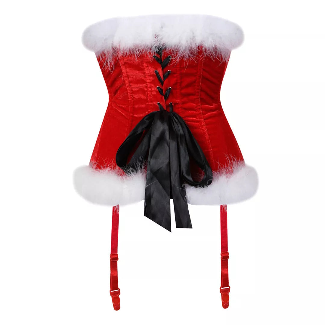 Festive Red Velvet Corset with White Fur Trim and Black Bows