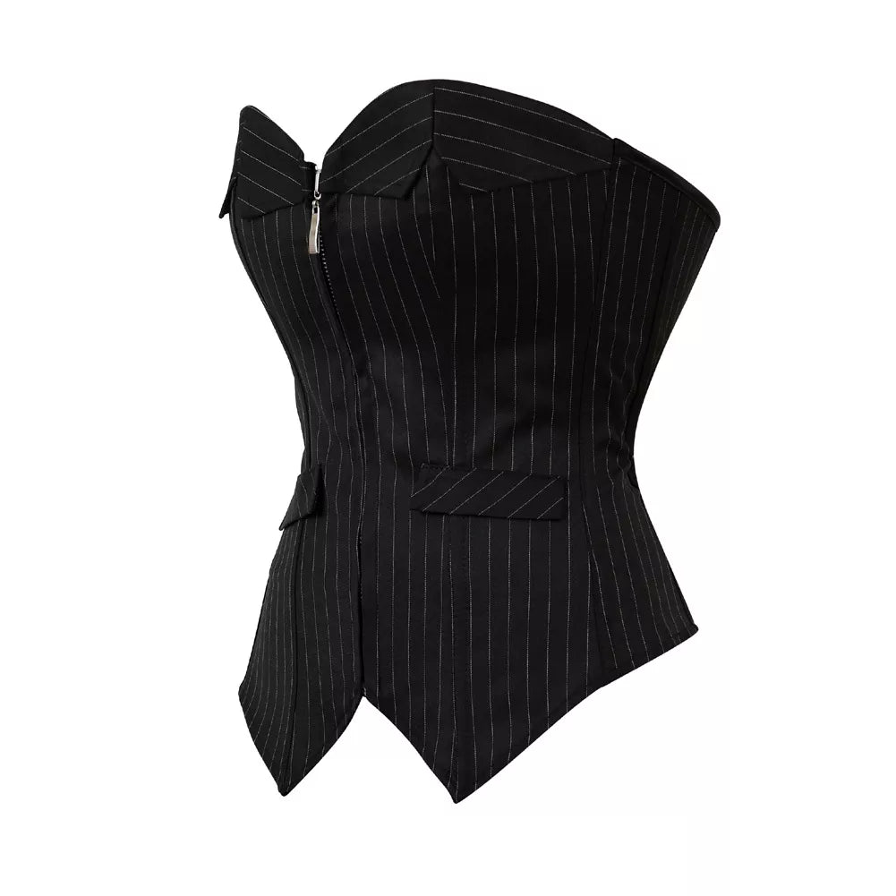 Pinstripe Black Overbust Corset Top with Steel Boning