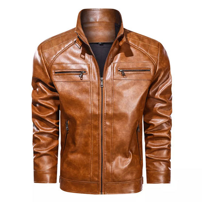 Men's Stand Collar Faux Leather Motorcycle Jacket with Zippered Pockets