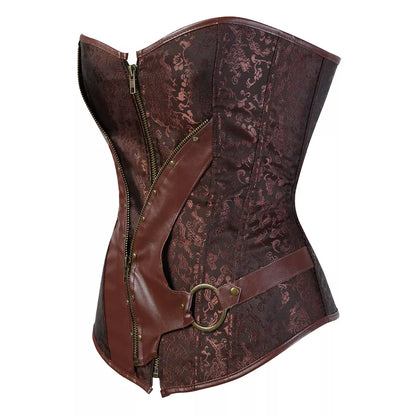 Steampunk Brown Brocade Overbust Corset with Zipper and Leather Straps