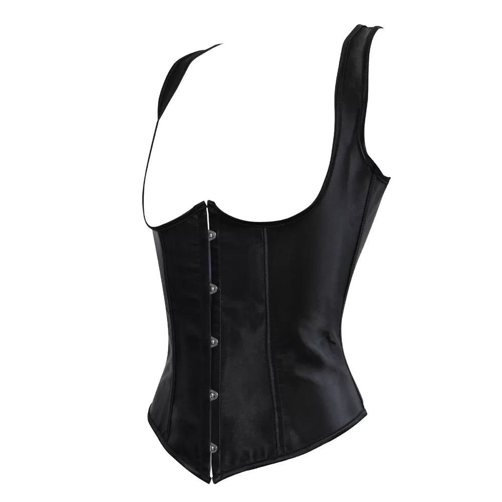 Black Satin Underbust Corset with Shoulder Straps and Front Busk Closure