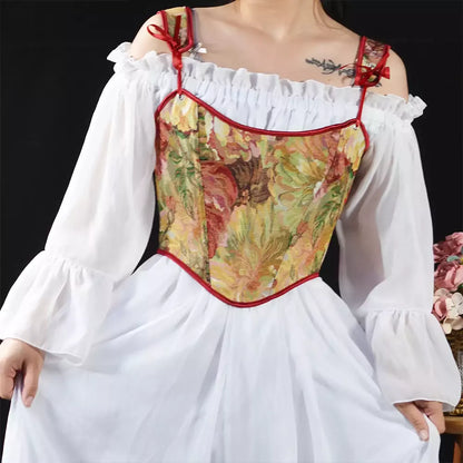 Renaissance Style Oil Painting Corset with Adjustable Lace-Up Shoulder Straps