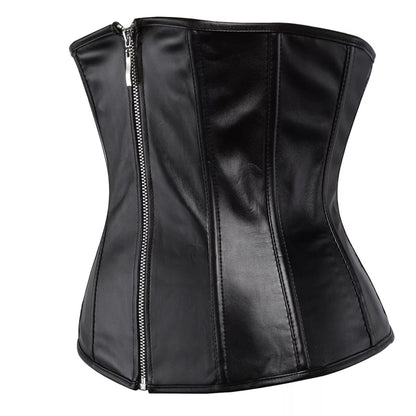 Leather Underbust Corset with Front Zipper and Lace-Up Back