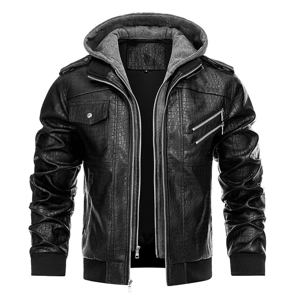 Men's Fashion Stand Collar Faux Leather Bomber Jacket with Detachable Hood