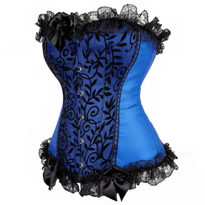 Satin Overbust Corset with Black Flocked Design and Lace Trim