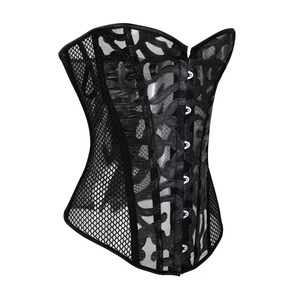 Lace Mesh Overbust Corset with Steel Boning and Front Busk Closure