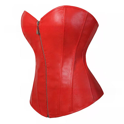 Steampunk Corset Leather Overbust Corset Top with Lace-Up Back and Zipper Front