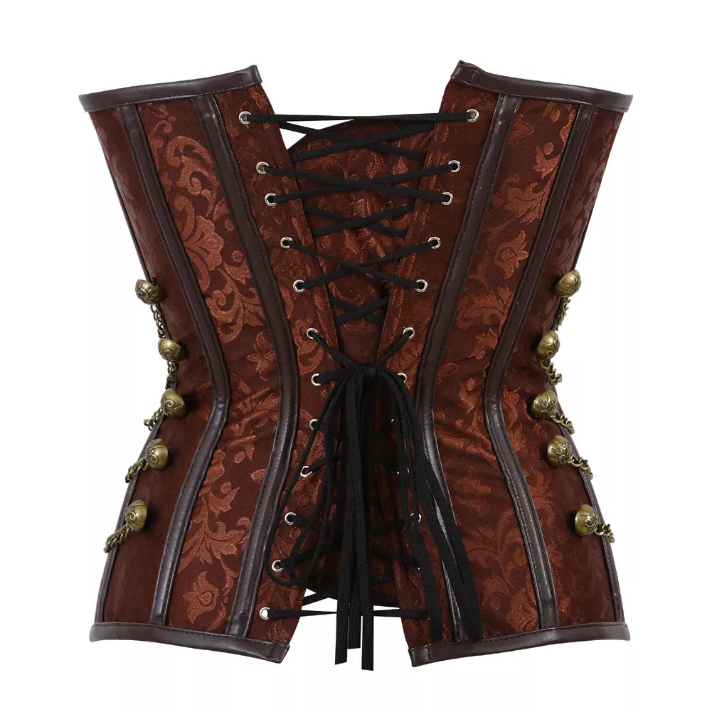 Gothic Jacquard Overbust Corset with Antique Brass Chains and Clasps