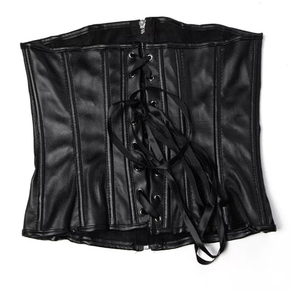 Leather Underbust Corset with Front Zipper and Lace-Up Back