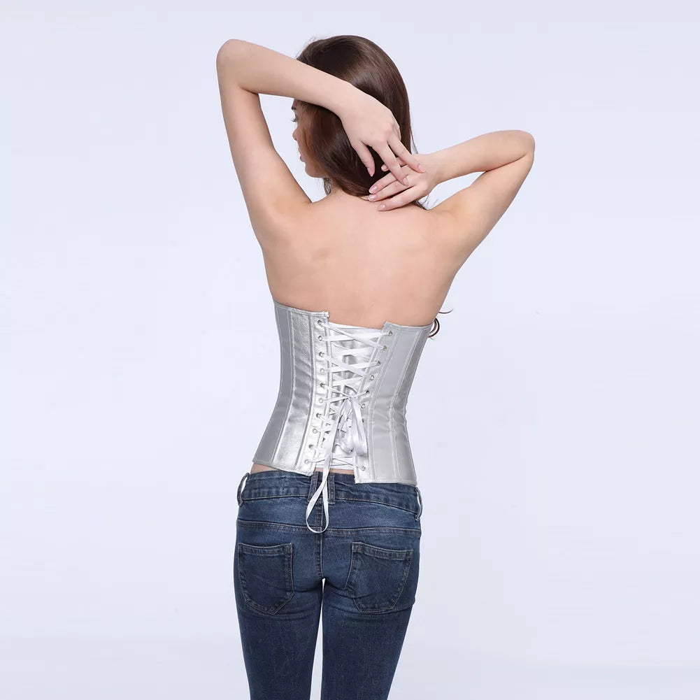 Silver Metallic Overbust Corset with Steel Boning and Lace-Up Back