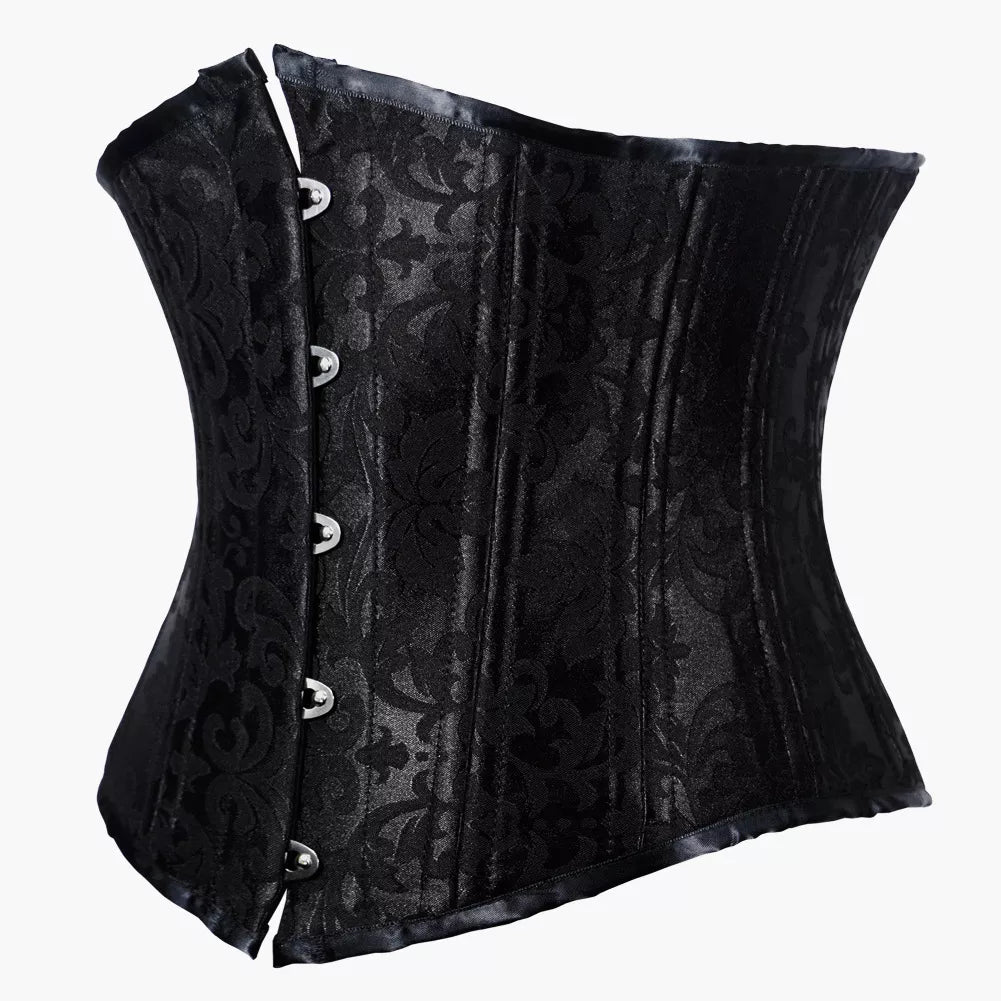 Black Brocade Underbust Corset with Steel Boning and Lace-Up Back