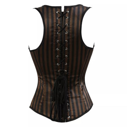 Steampunk Striped Underbust Corset with Leather Straps and Buckles