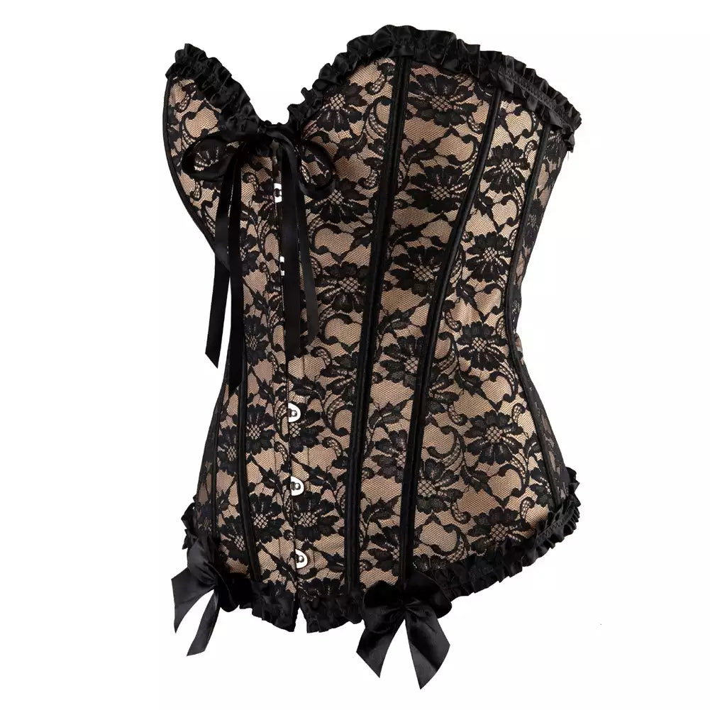 Lace-Up Corset Overbust Corset with Ribbon Accents and Steel Boning