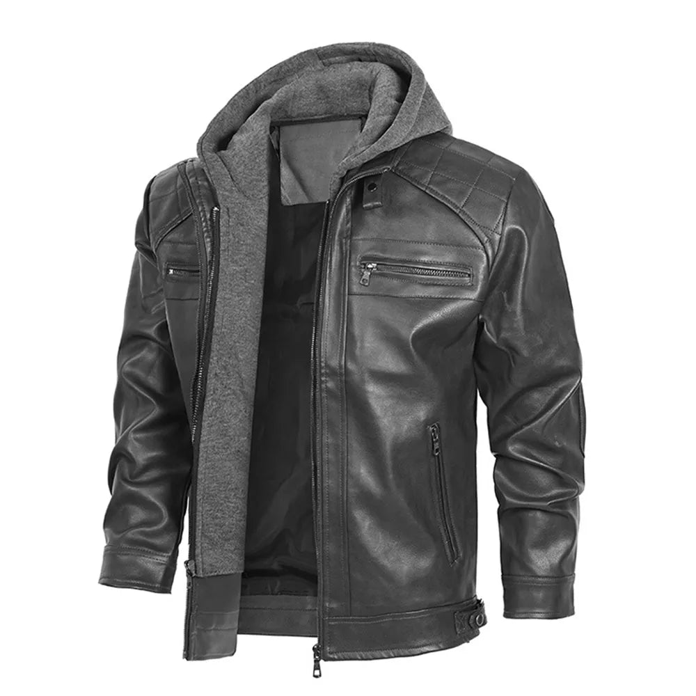 Men’s PU Faux Leather Motorcycle Jacket With a Removable Hood