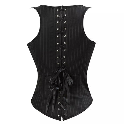 Black Pinstripe Underbust Corset with Shoulder Straps and Lace-Up Back