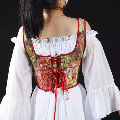 Renaissance Style Oil Painting Corset with Adjustable Lace-Up Shoulder Straps