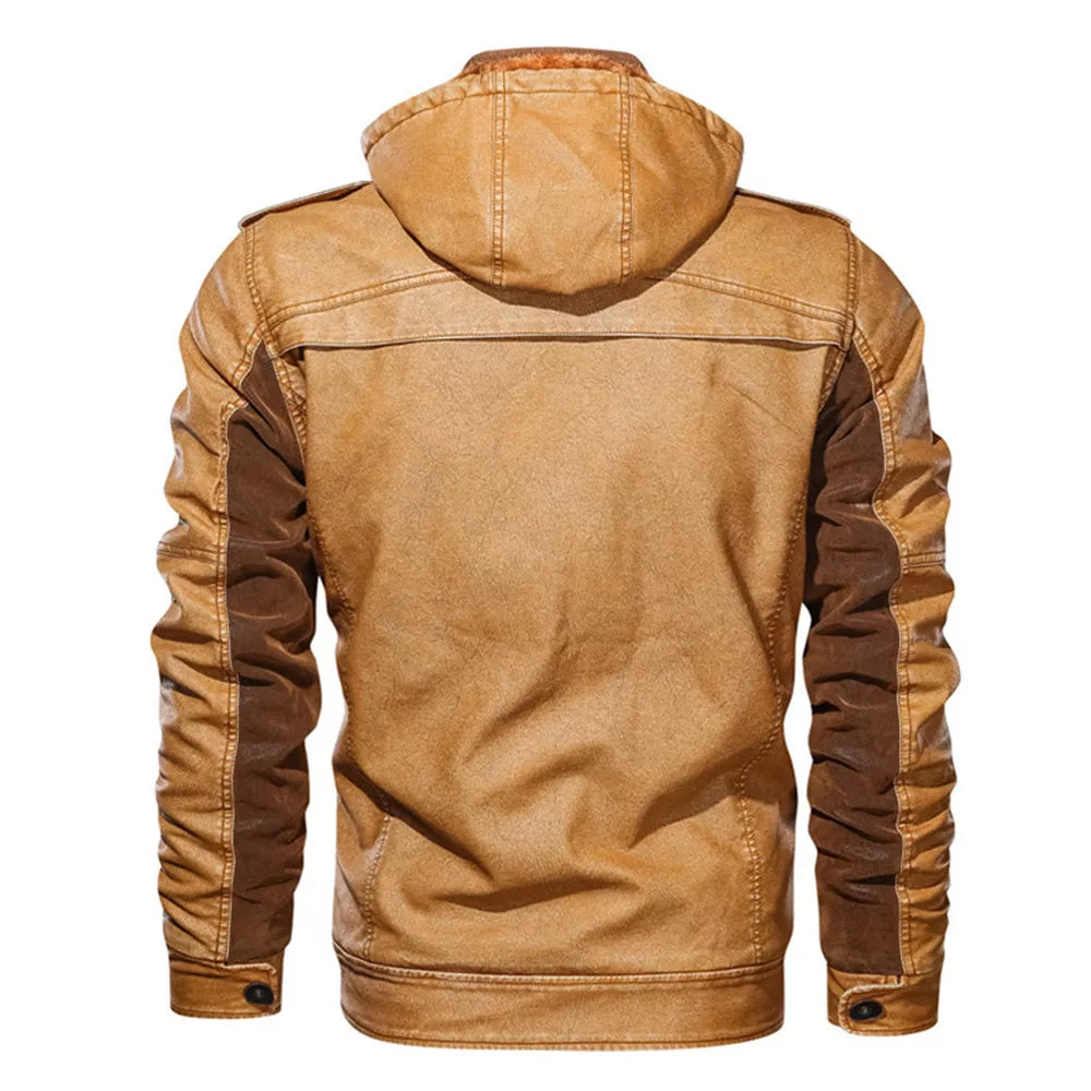 Men's Hooded PU Leather Jacket with Fleece Lining