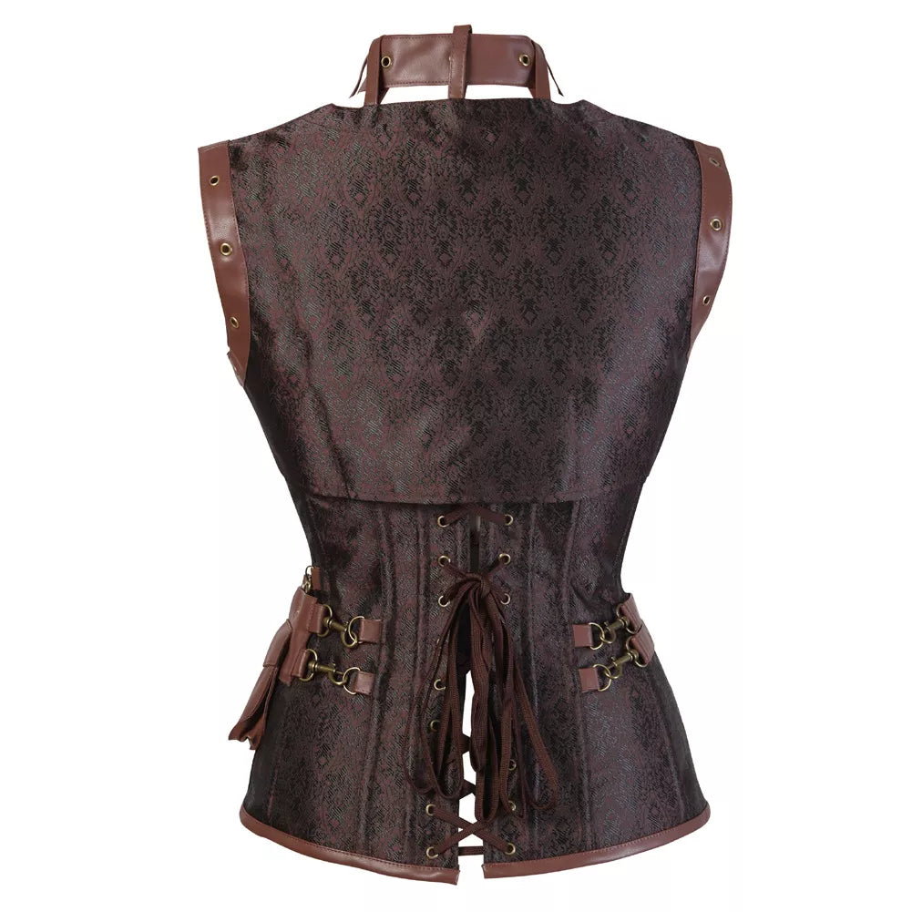 Gothic Corset Overbust Corset with Leather Harness and Pouch