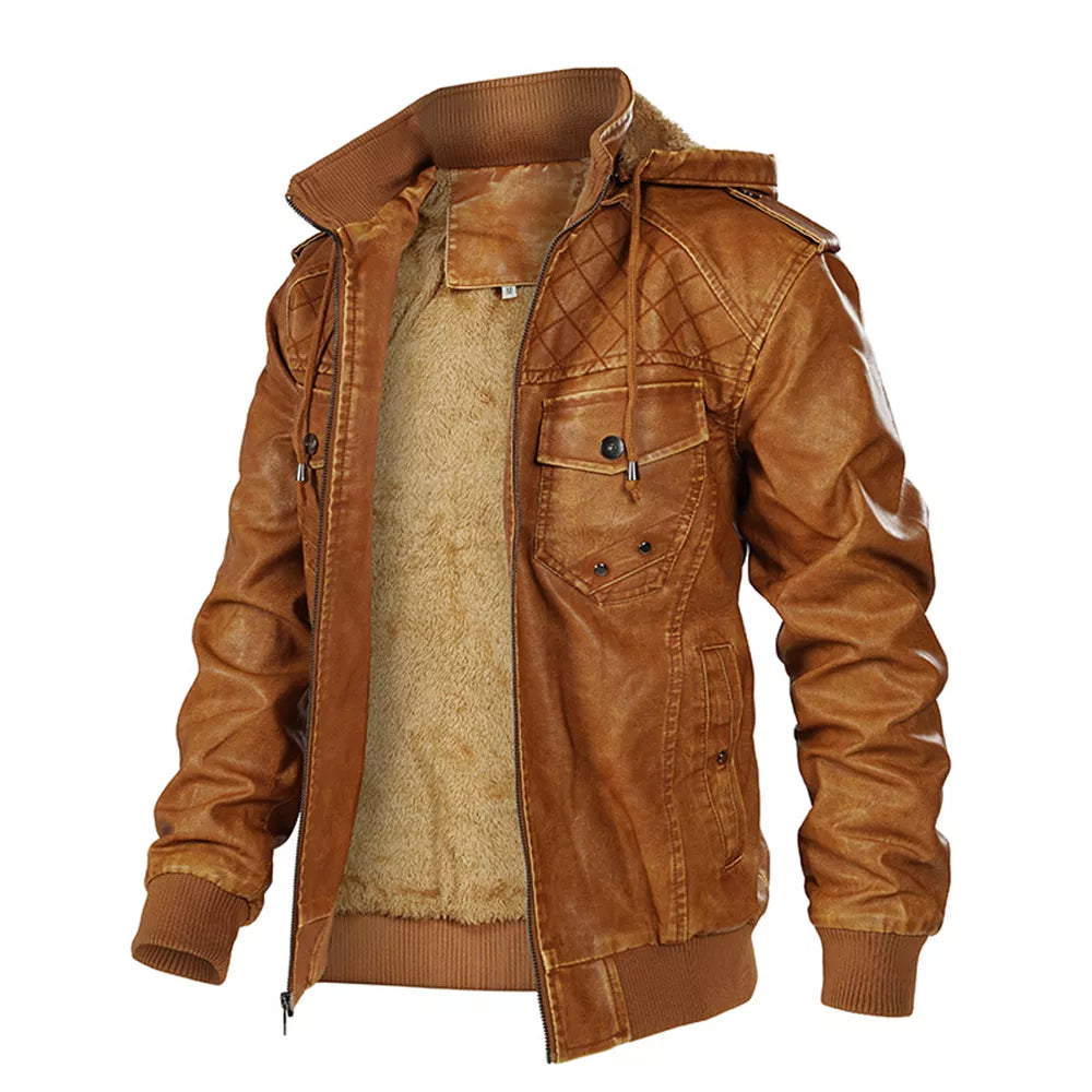 Men's Sleek Stand Collar PU Leather Bomber Jacket with Detachable Hood