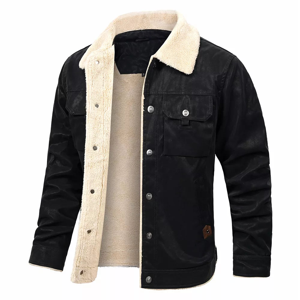 Men's Brushed Leather Jacket with Fleece Lining Casual Jacket