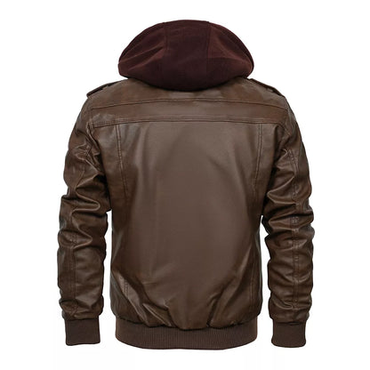 Men's PU Leather Bomber Jacket with Detachable Hood