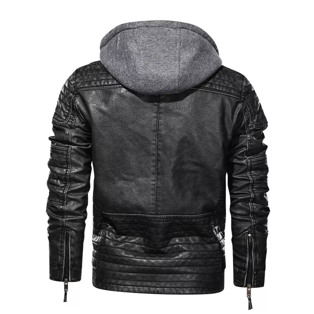 Men’s Stand Collar Warm PU Faux Leather Zip-Up Motorcycle Jacket