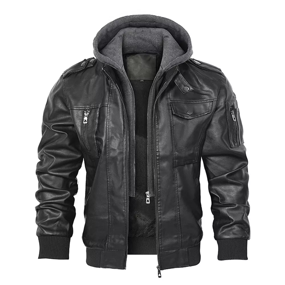 Men’s Casual Stand Collar PU Faux Leather Motorcycle Bomber Jacket