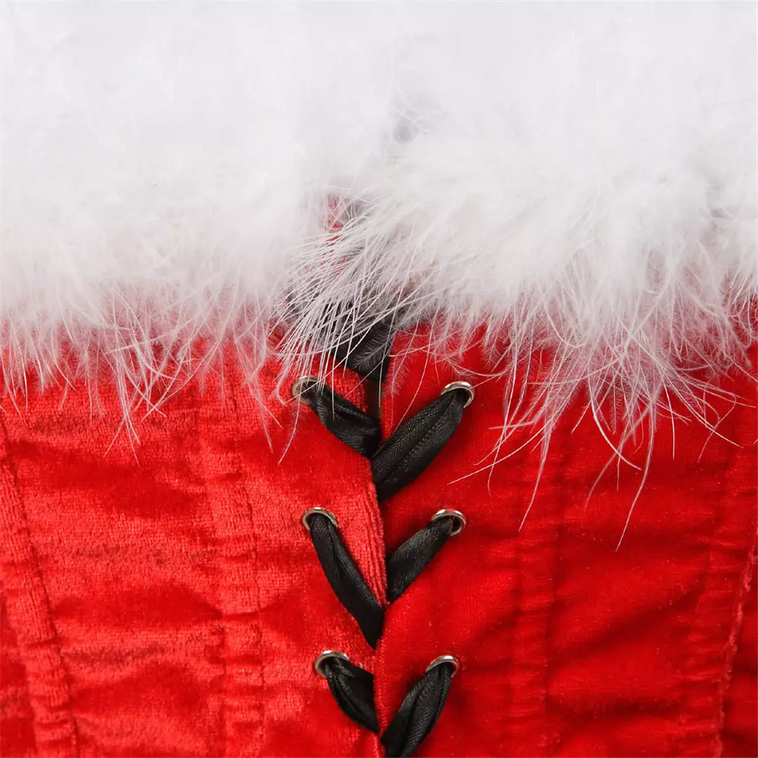 Festive Red Velvet Corset with White Fur Trim and Black Bows