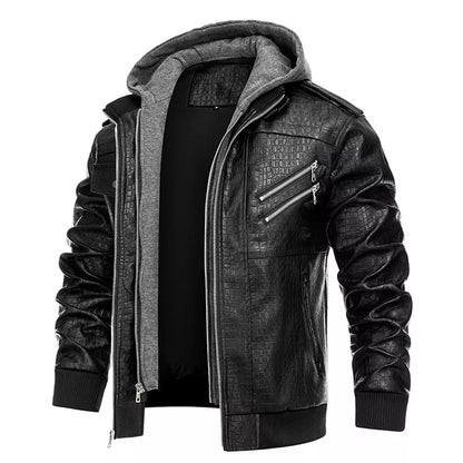 Men's Fashion Stand Collar Faux Leather Bomber Jacket with Detachable Hood