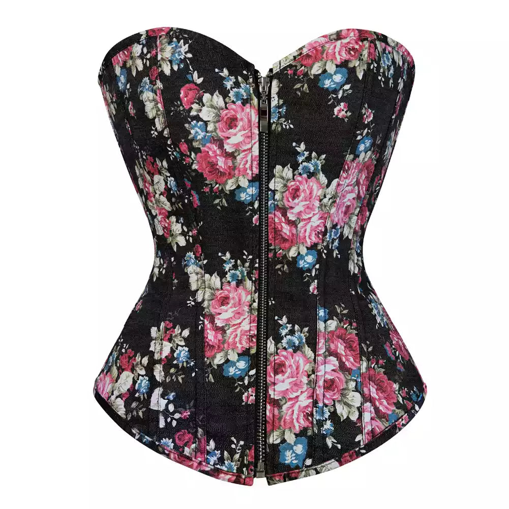 Charming Floral Overbust Corset with Front Zipper and Lace-Up Back