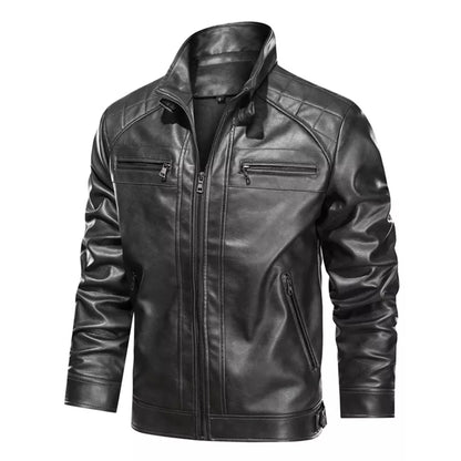 Men's Stand Collar Faux Leather Motorcycle Jacket with Zippered Pockets