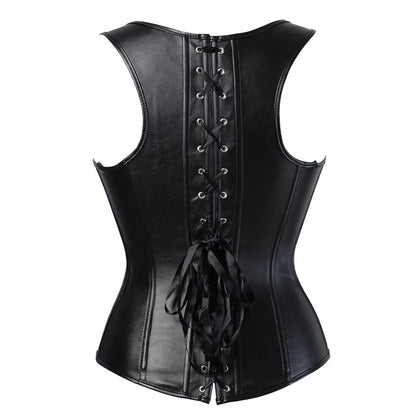 Steampunk Black Faux Leather Underbust Corset with Buckle Straps and Front Zipper