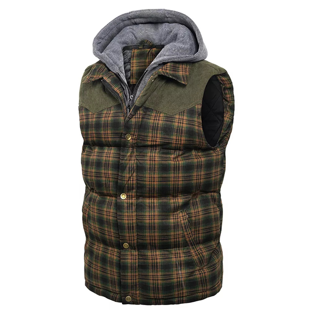 Men's Hooded Cotton Vest with Scottish Plaid Thick Sleeveless Vest