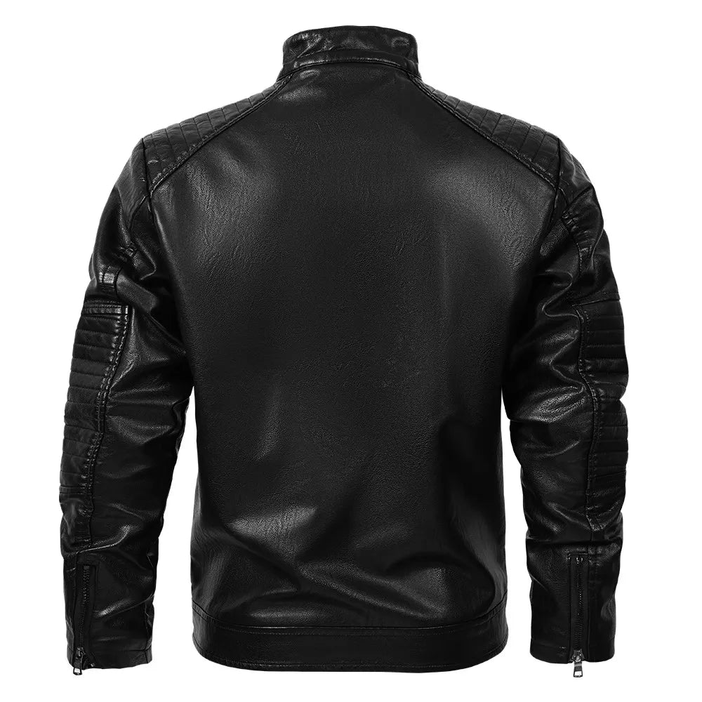 Men’s Stand Collar Leather Jacket Casual Faux Leather Motorcycle Jacket Outerwear Coat with Zipper Pockets