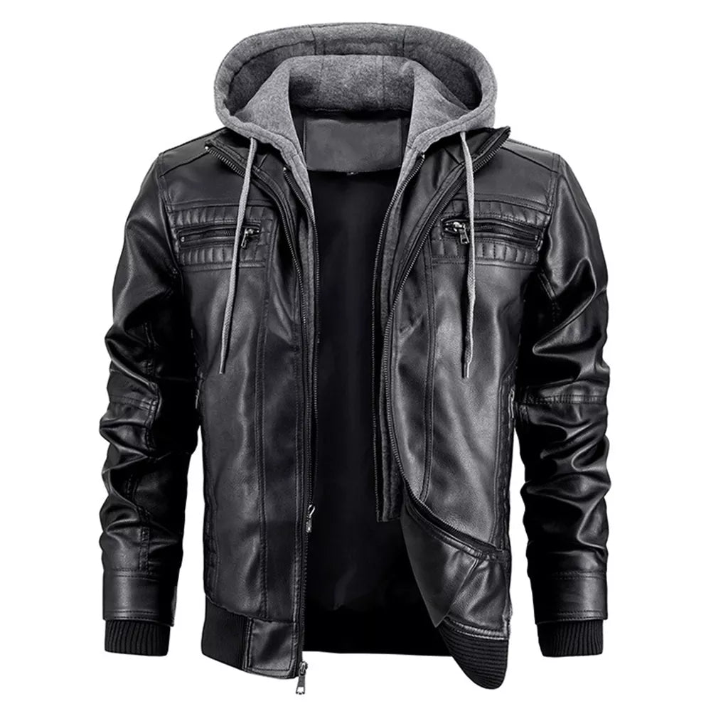 Men's Removable Hood PU Faux Leather Jacket