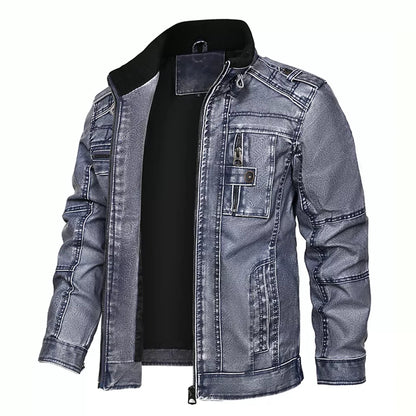 Men's Motorcycle PU Leather Jacket with Distressed Wash and Stand Collar