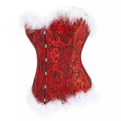 Steel Boned Corset Brocade Overbust Corset with White Fur Trim