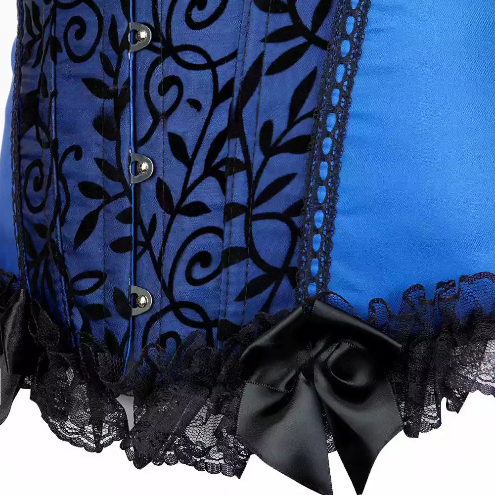 Satin Overbust Corset with Black Flocked Design and Lace Trim